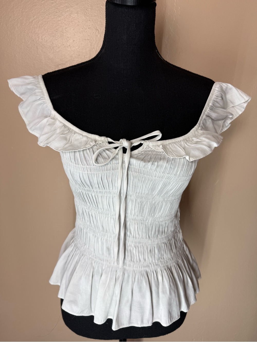 AND NOW THIS White Smocked Peplum Blouse Off Shoulder Ruffle Milkmaid Top Size M